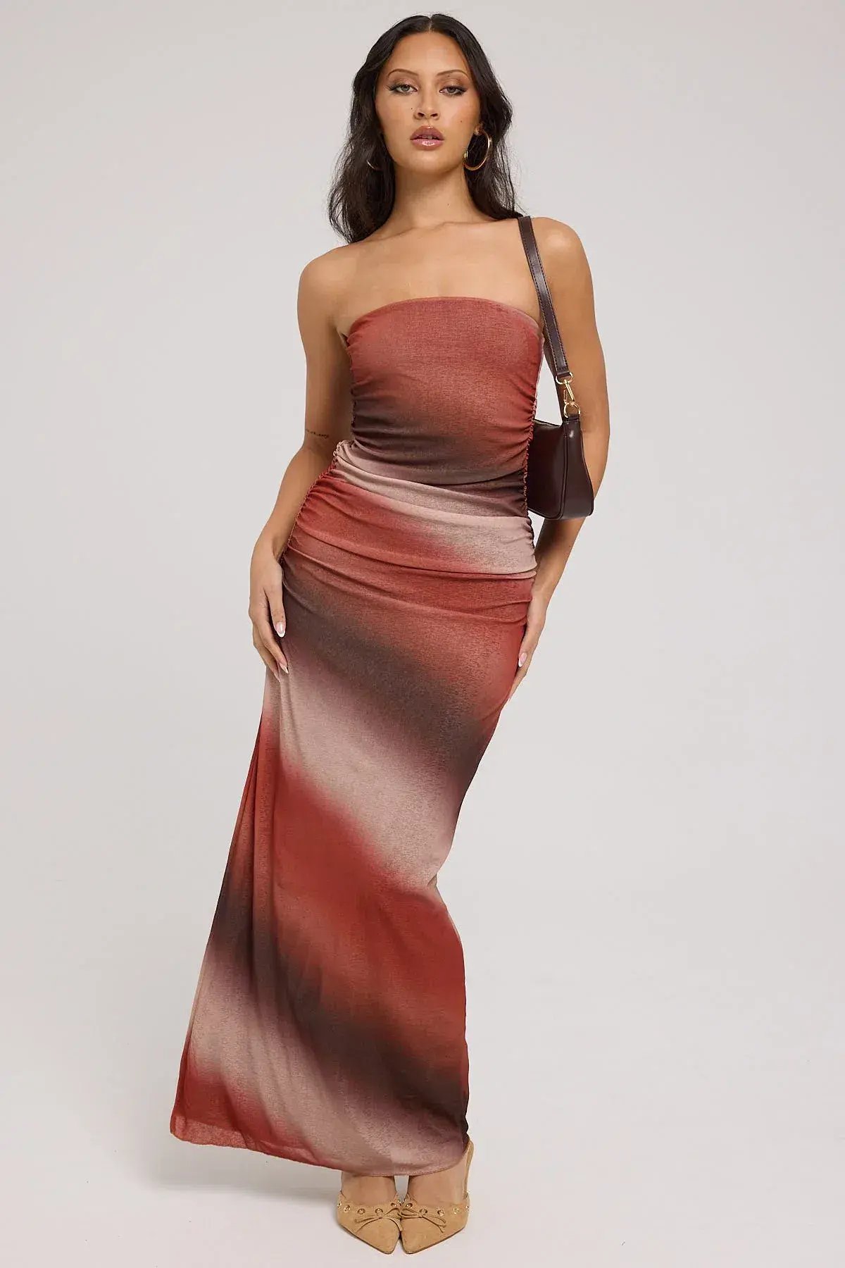 Perfect Stranger Superstition Mesh Maxi Dress Brown Print Size 8 photo 2