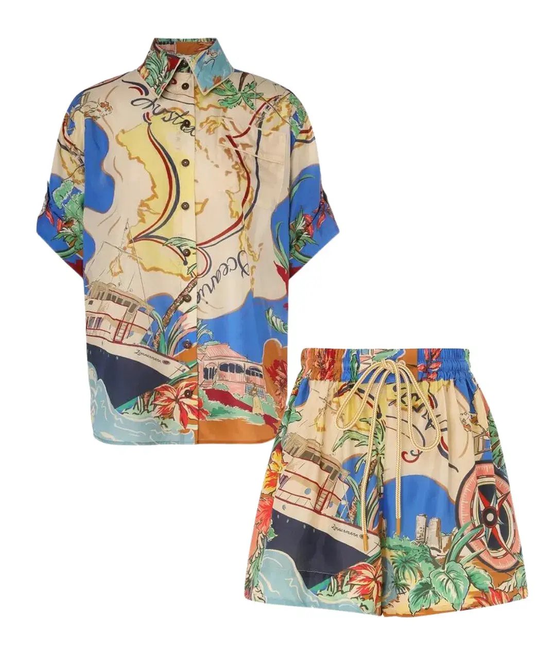 Zimmermann Alight Short Sleeve Shirt and Draw Waist Shorts Set Nautical Map Size 0/Au 8 photo 3