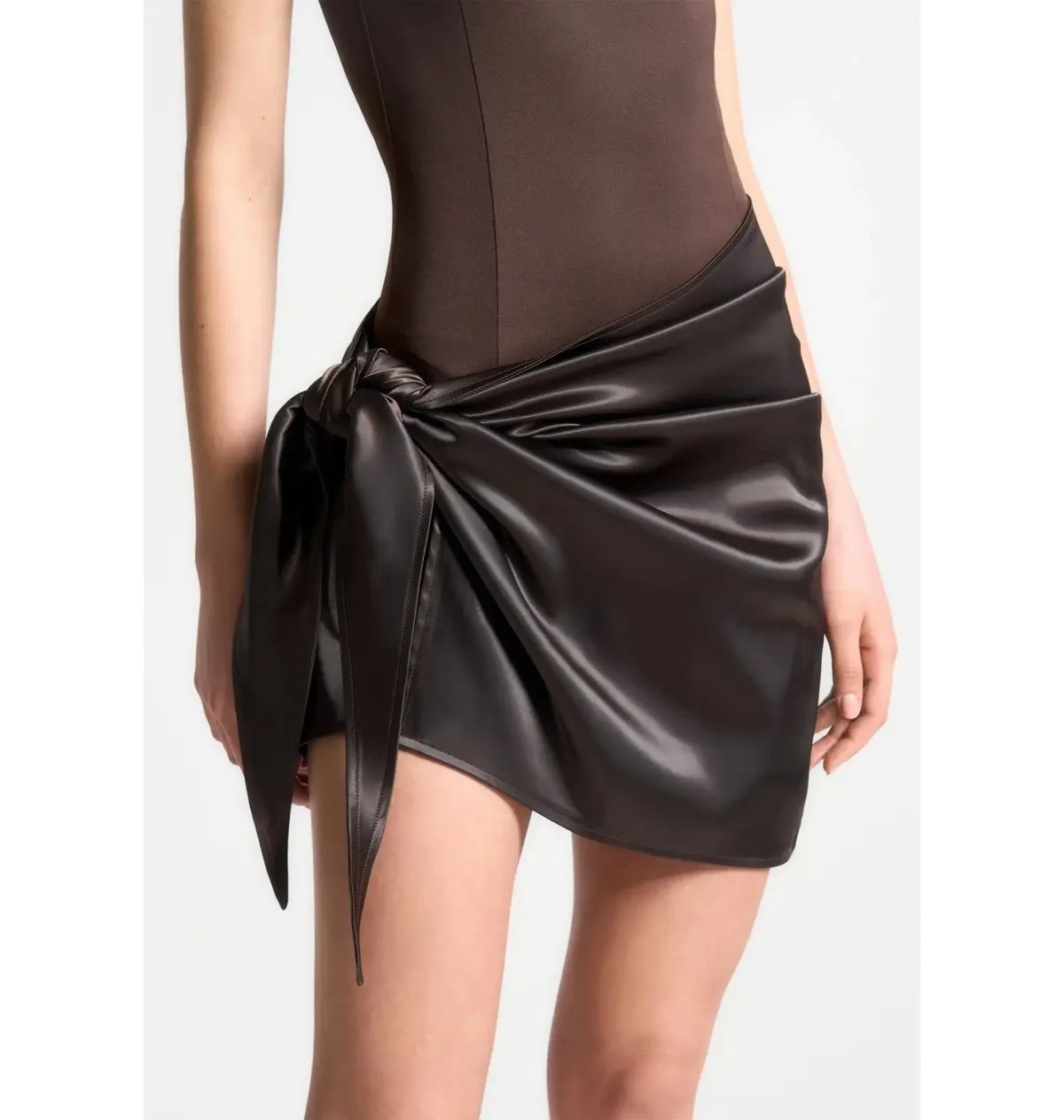 Maniere De Voir Neoprene & Satin Wrap Bodycon Dress Brown Size AU 8 photo 3