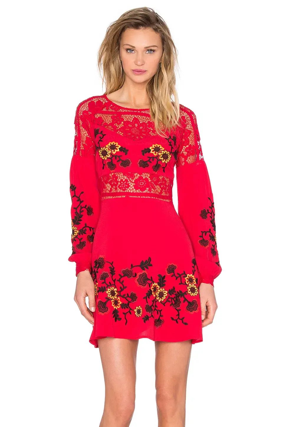For Love & Lemons Isabella Long Sleeve Mini Dress Hot Red Size XS / AU 6 photo 2