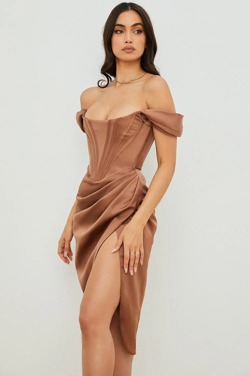 House of CB Loretta Satin Off Shoulder Midi Dress Brown Size XS / Au 6 photo 5