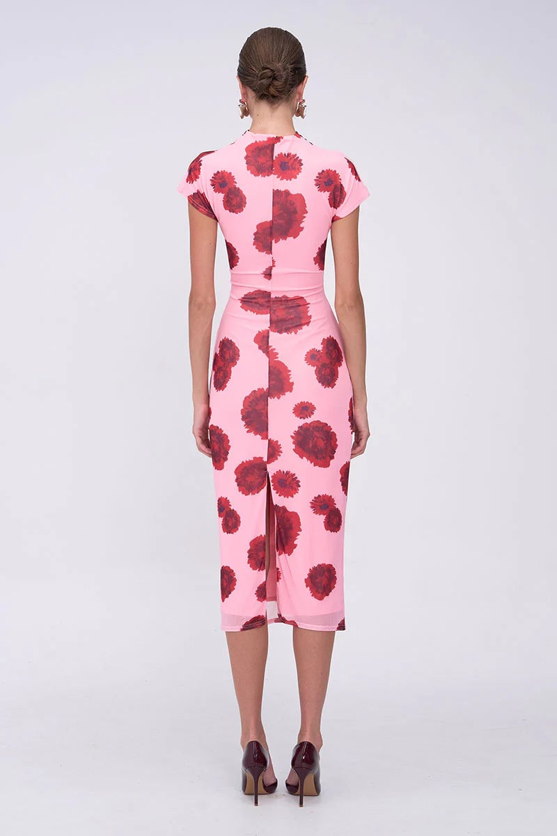 SUBOO LUCA MESH RUCHED FRONT MIDI DRESS - PINK RED photo 4