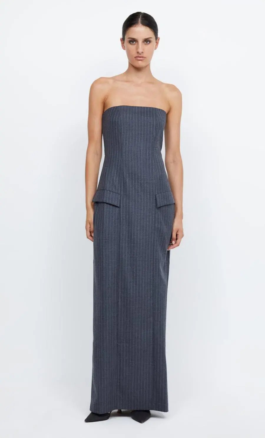 Bec & Bridge Pine Strapless Maxi Dress in Charcoal Pinstripe Size 8 photo 2