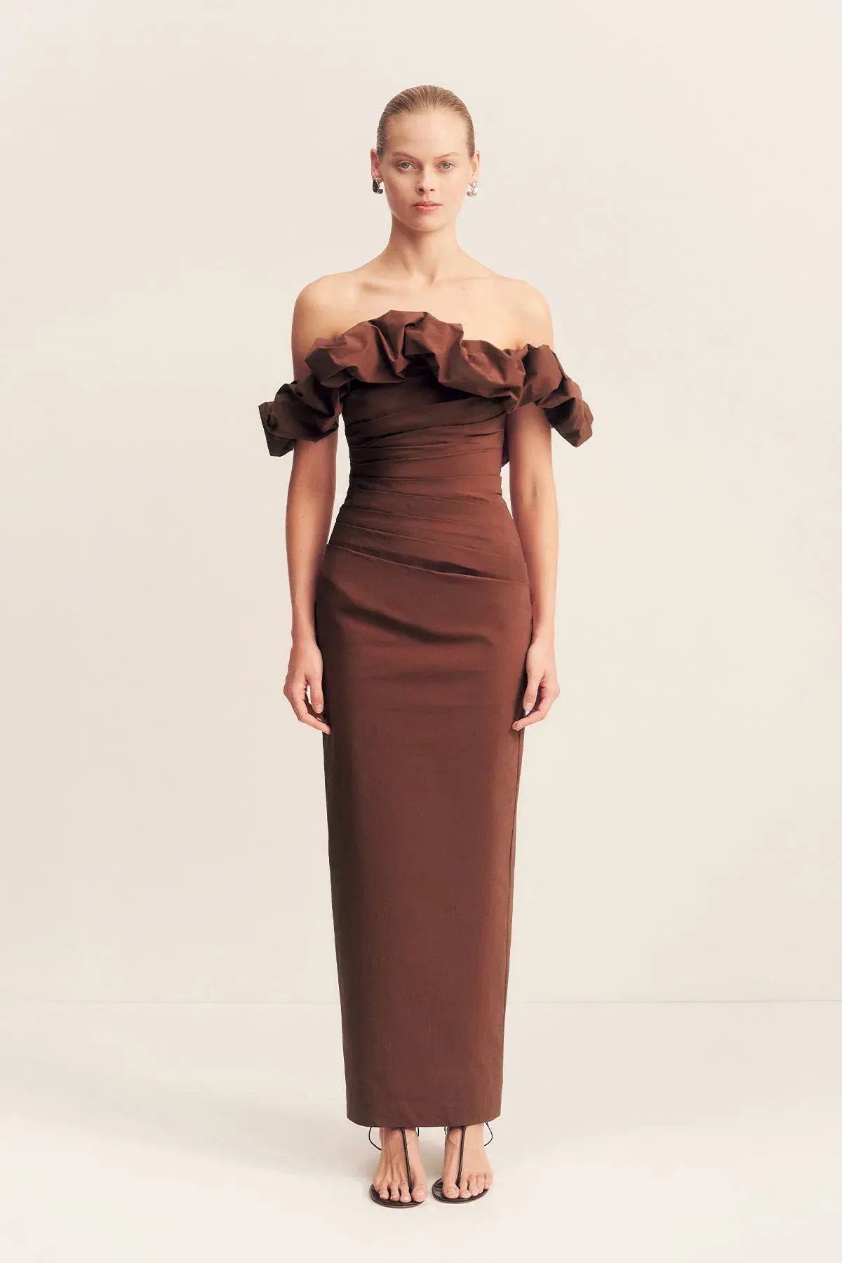Shona Joy Campbell Ruffle Draped Maxi Dress in Espresso Size 14 photo 2
