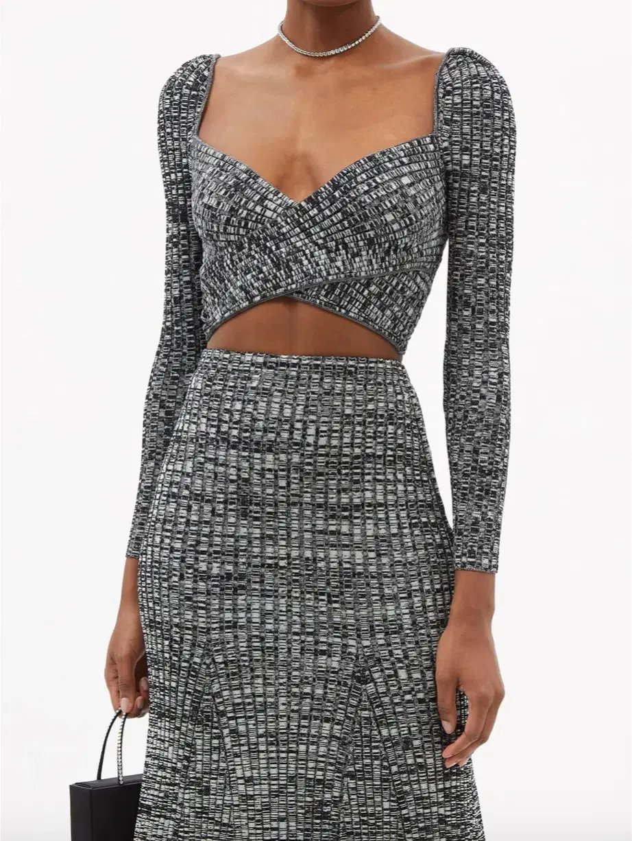 Self Portrait Crossover Front Ribbed Knit Cropped Top & Midi Skirt Set Black Size M / Au 10 photo 2