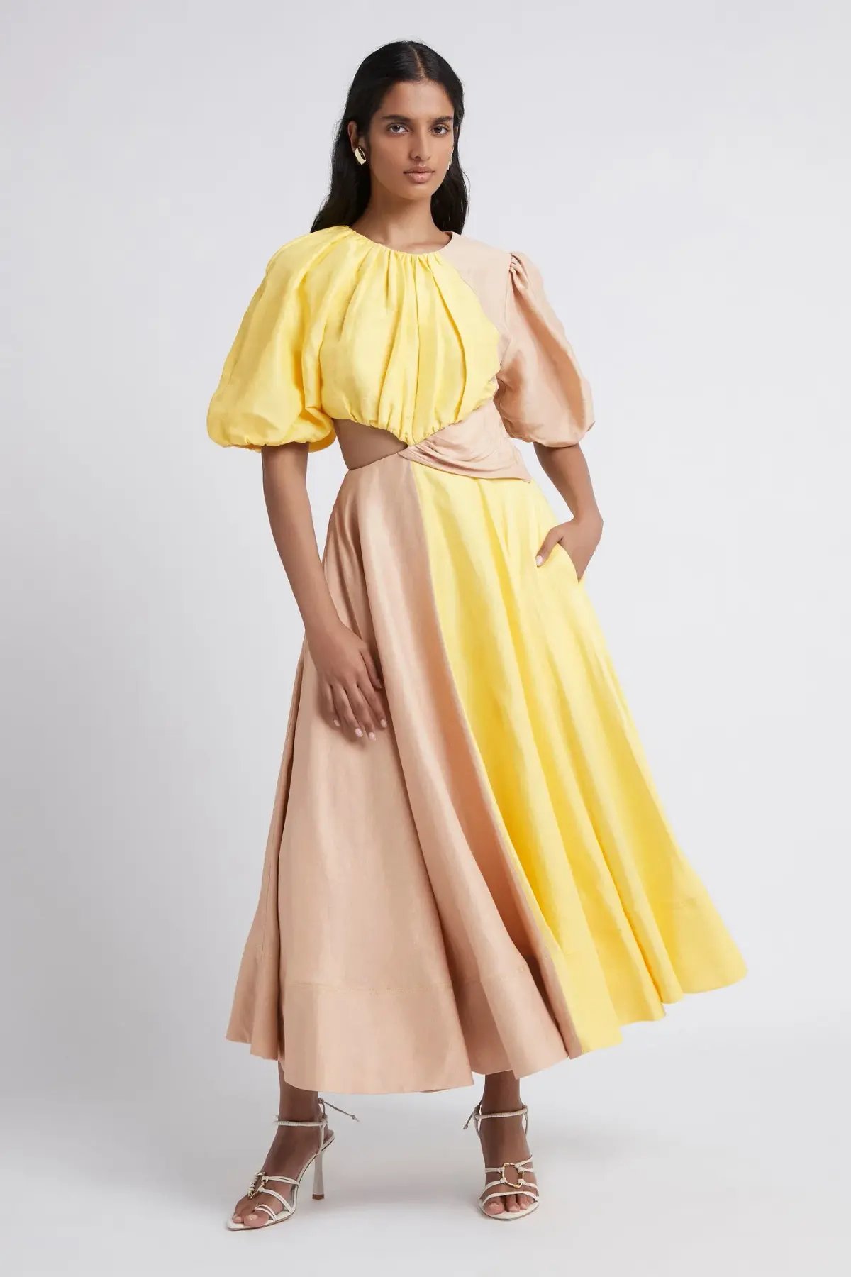 Aje Caliente Two Tone Puff Sleeve Dress Yellow/Nude Size 16 photo 2