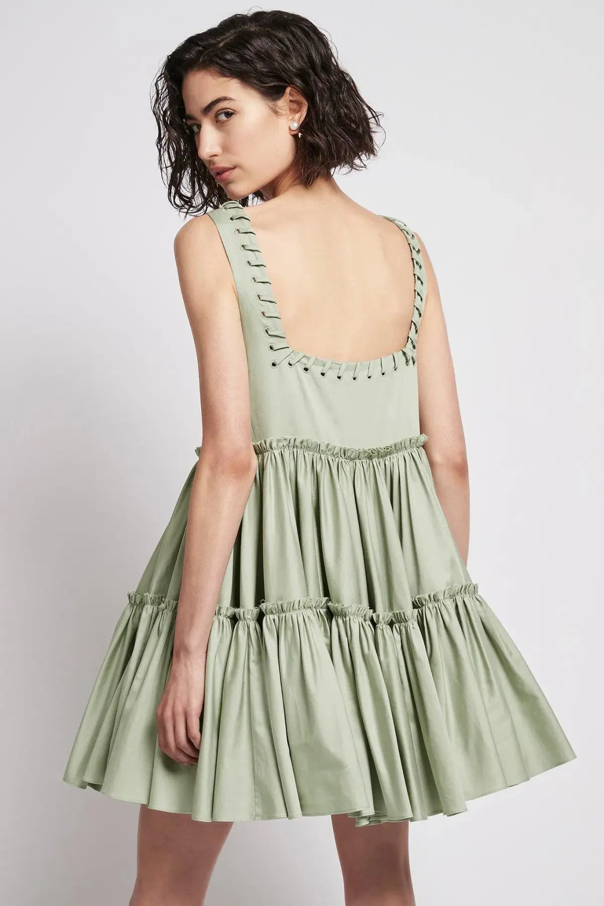 Aje Hushed Cotton Square Neck Mini Dress in Bamboo Green Size 14 photo 3