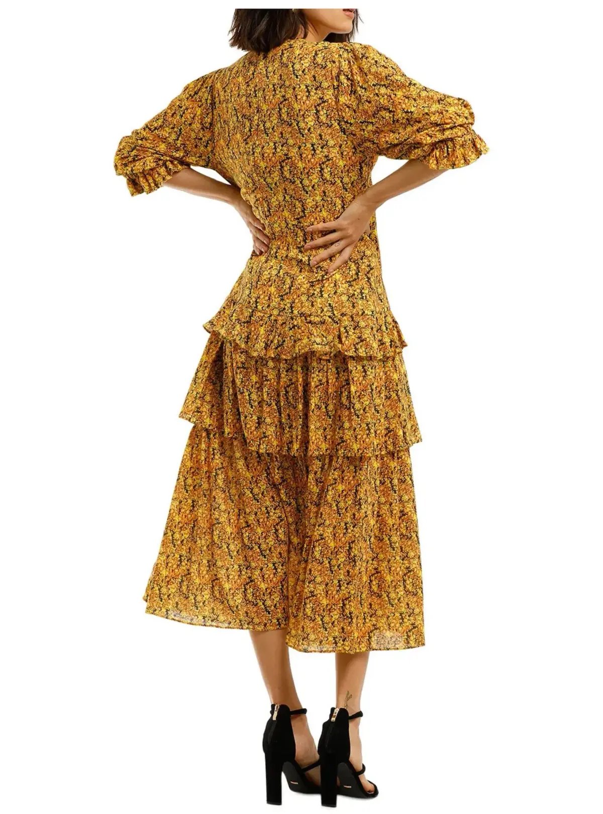 Camilla and Marc Rimini Tiered Midi Dress in Yellow Small Floral Print Size 8 photo 2