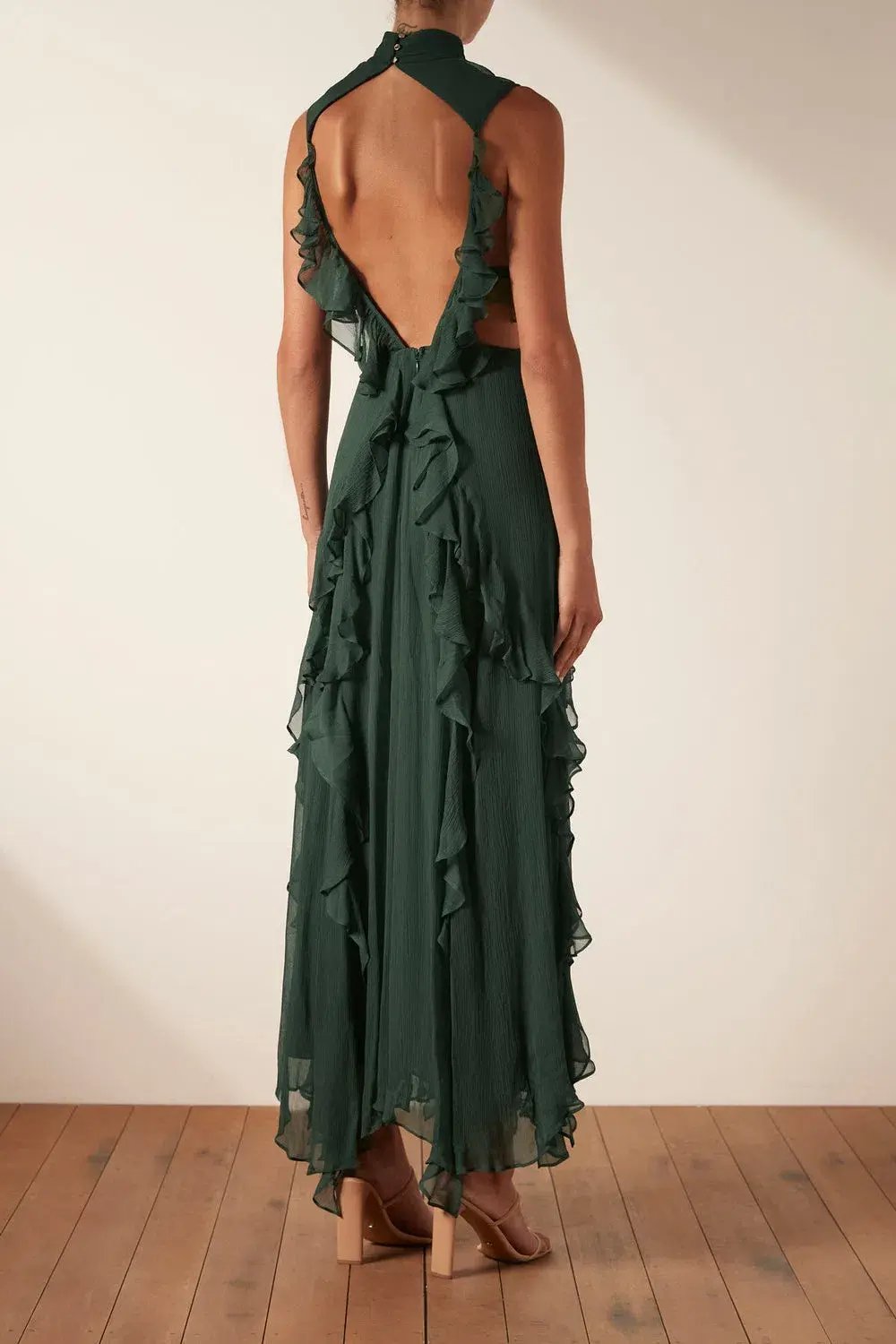 Shona Joy Leonie Backless Frill Maxi Dress Rosemary Green Size 6 photo 3