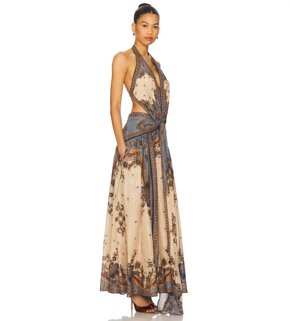 Zimmermann Ascension Plunge Halter Maxi Dress in Blue & Cream Indienne Floral Size 1/ AU 10 photo 2