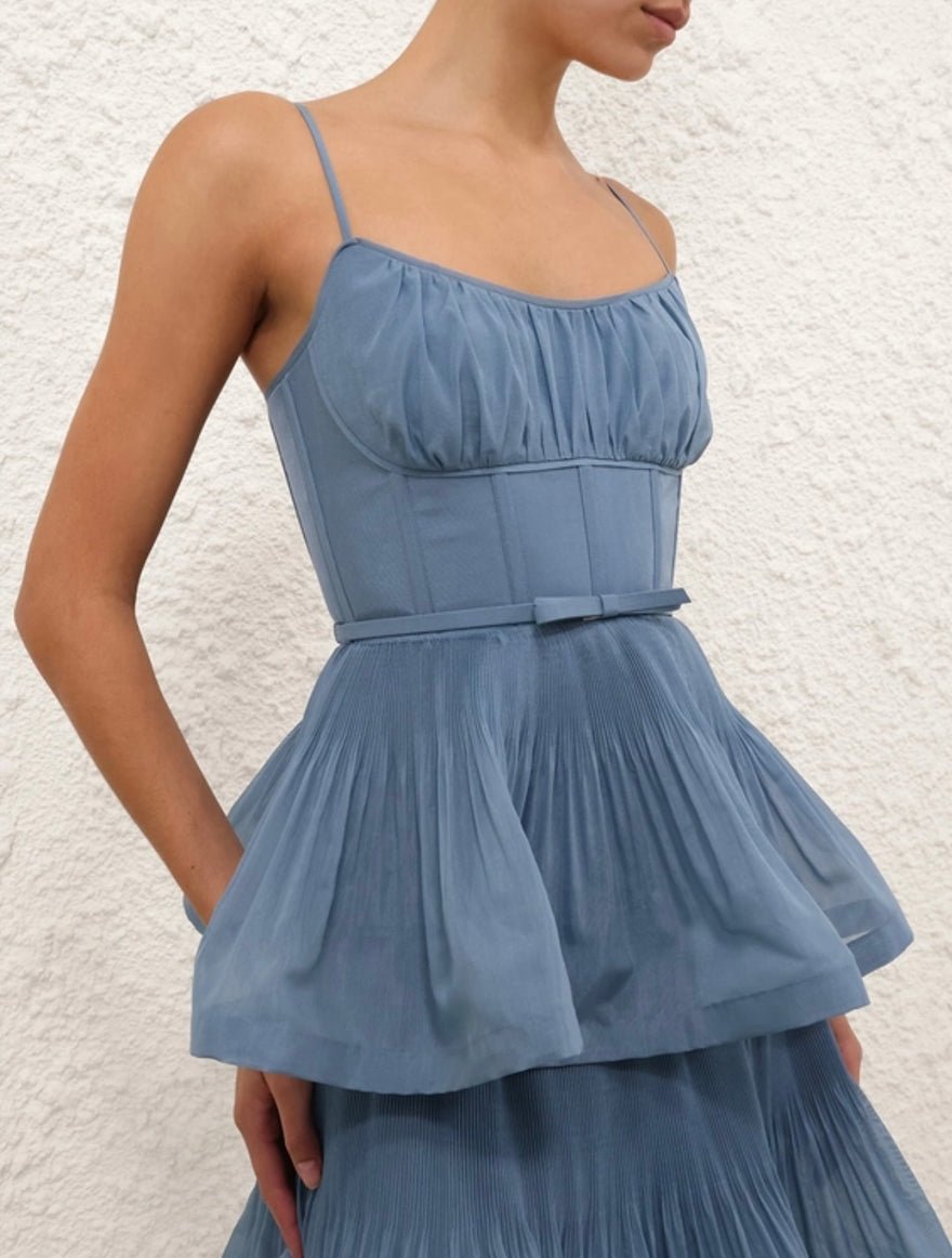 Zimmermann Pleated Tiered Midi Dress In Deep Blue photo 4