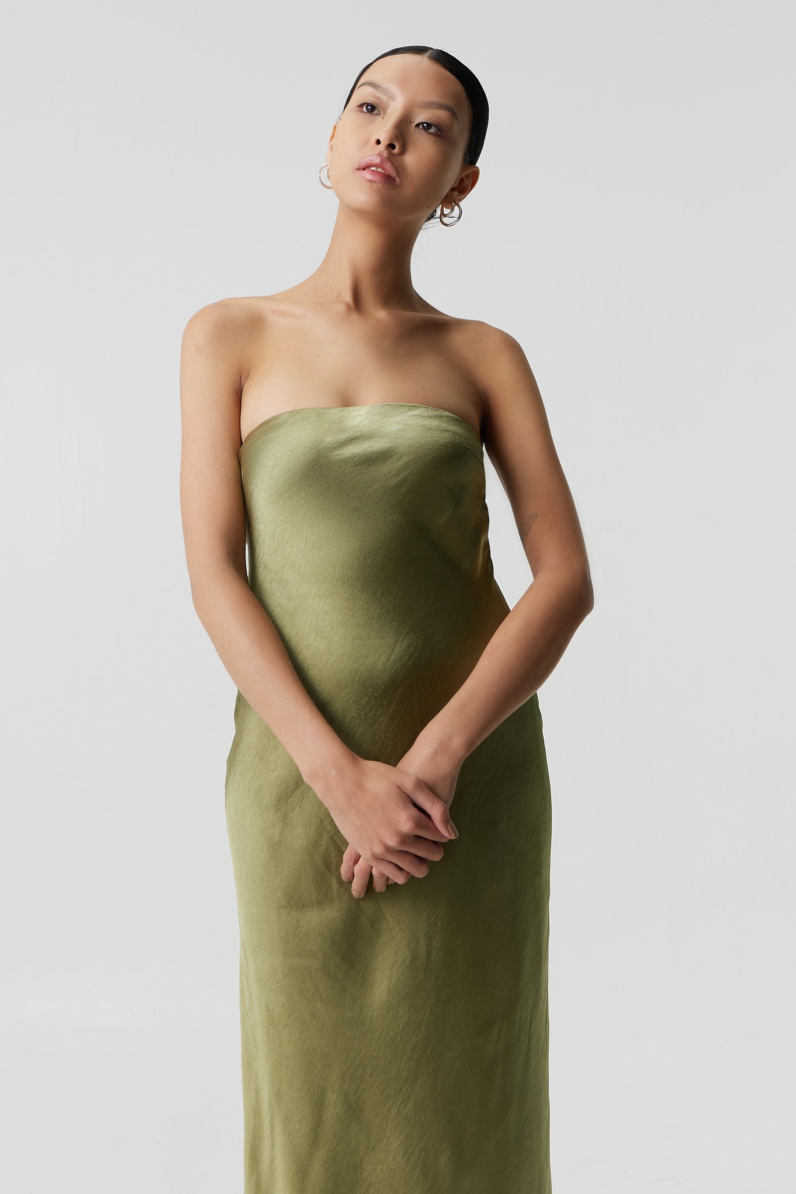 THIRD FORM SATIN TIE BACK STRAPLESS MAXI DRESS - OLIVE photo 2