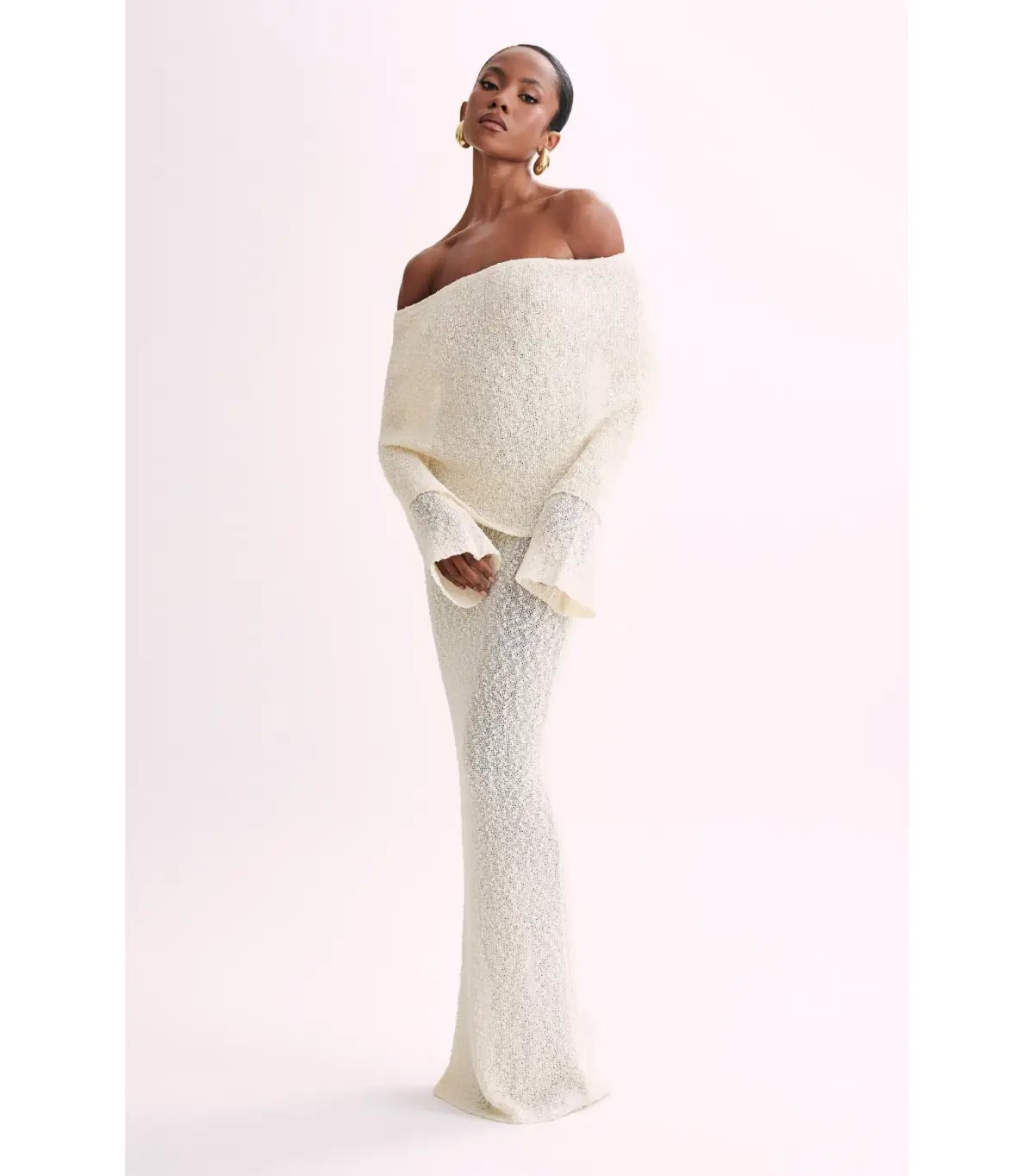 Meshki Marisol Off Shoulder Boucle Maxi Dress in Ivory Size XS / AU 6 photo 2