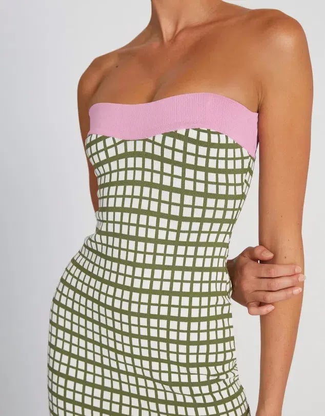 By Johnny Isabella Check Strapless Knit Dress Army Pink Size 6 photo 2