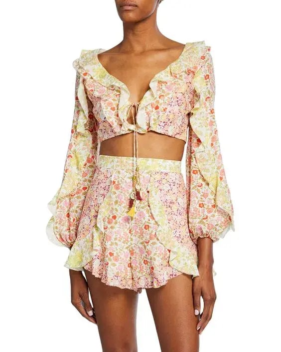 Zimmermann Goldie Splice Frill Crop Top and Short Set Print Size 6 photo 2
