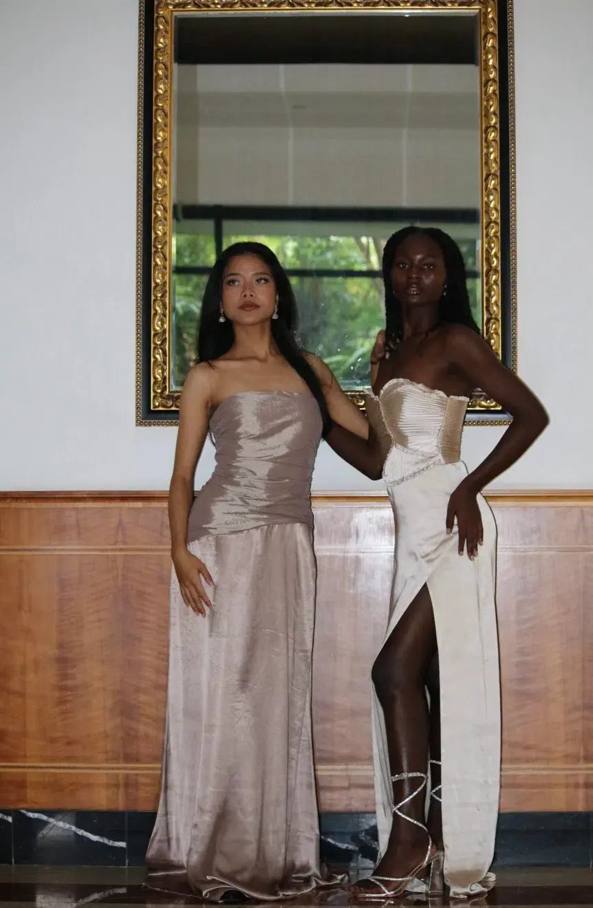 Serena Strapless Taffeta Maxi Dress - Bronze Taupe MESHKI size S photo 2