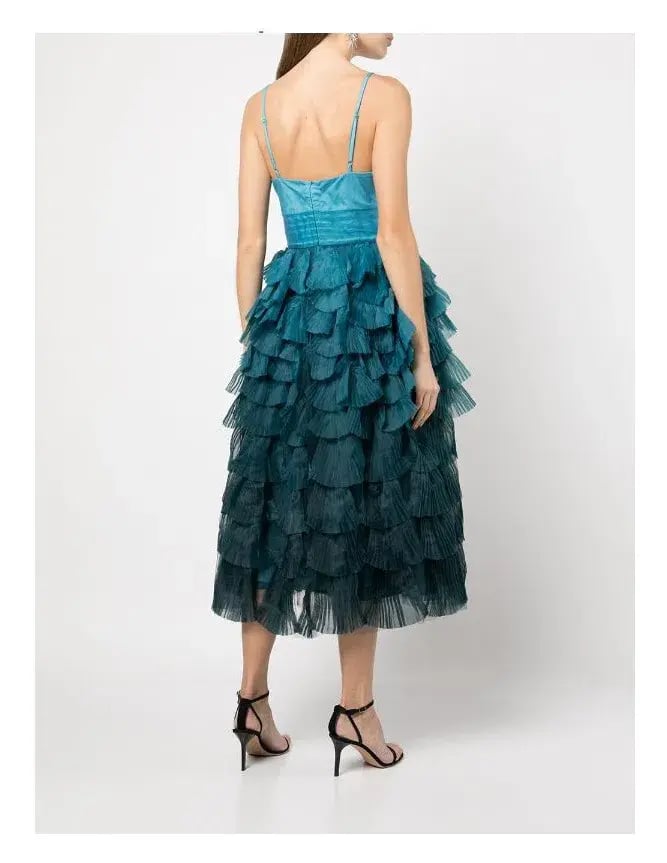 Marchesa Notte Gradient Ruffled Midi Dress Blue Size 8 photo 3