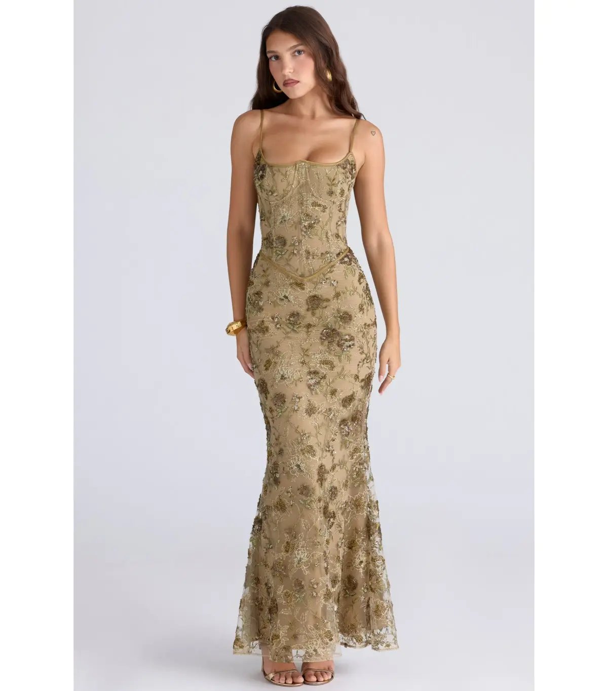 House Of CB Naima Hand Beaded Embellished Corset Maxi Dress Olive Bronze Size AU 8 photo 2