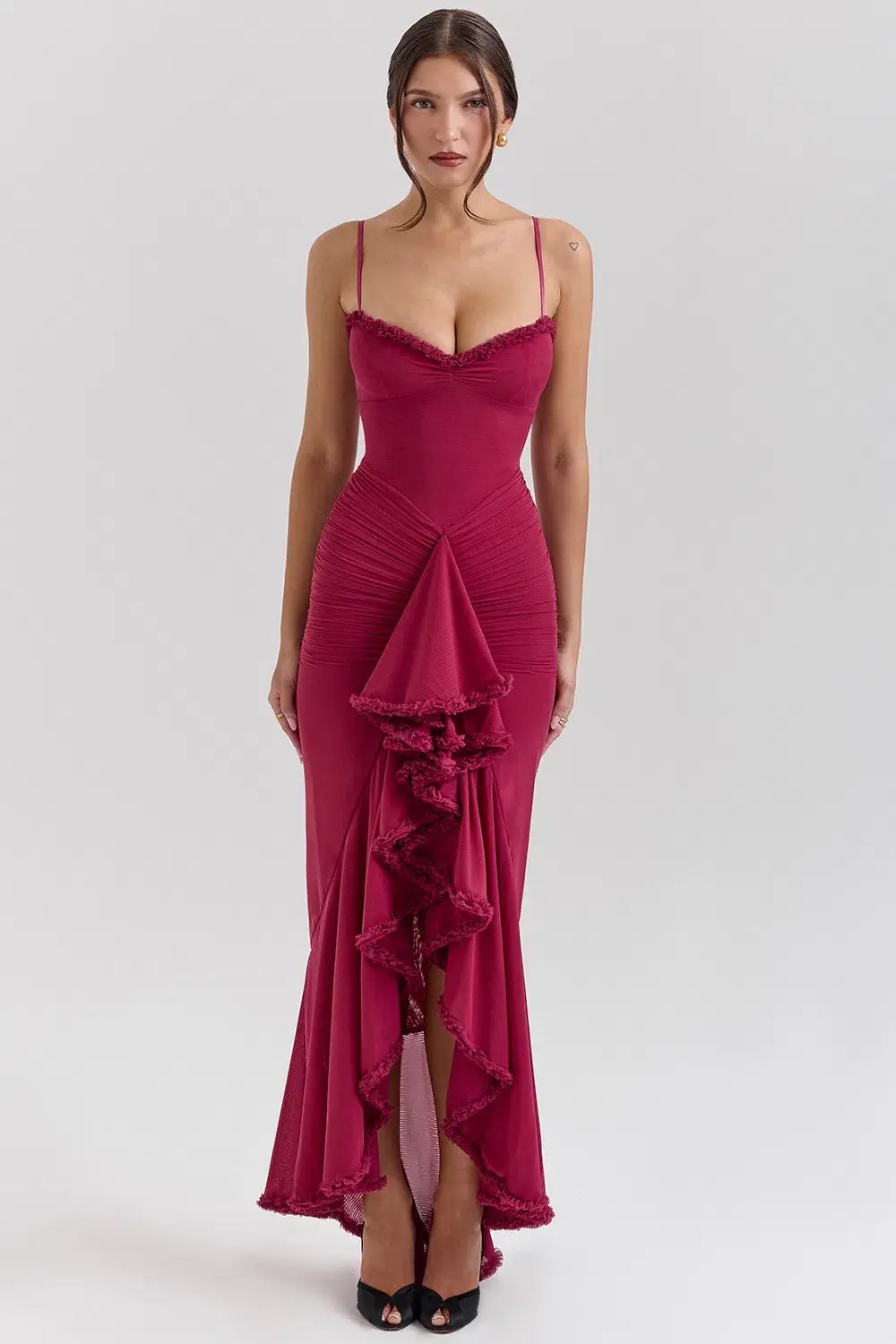 House of CB Gabbi Ruffled Front Gown Wine Size XS / AU 6 photo 4