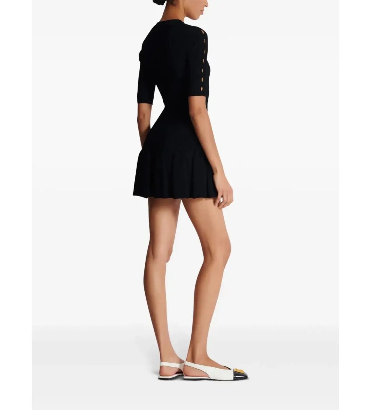 Balmain Round Neck Pleated Ribbed-Knit Skater Mini Dress Black Size AU 10 photo 2