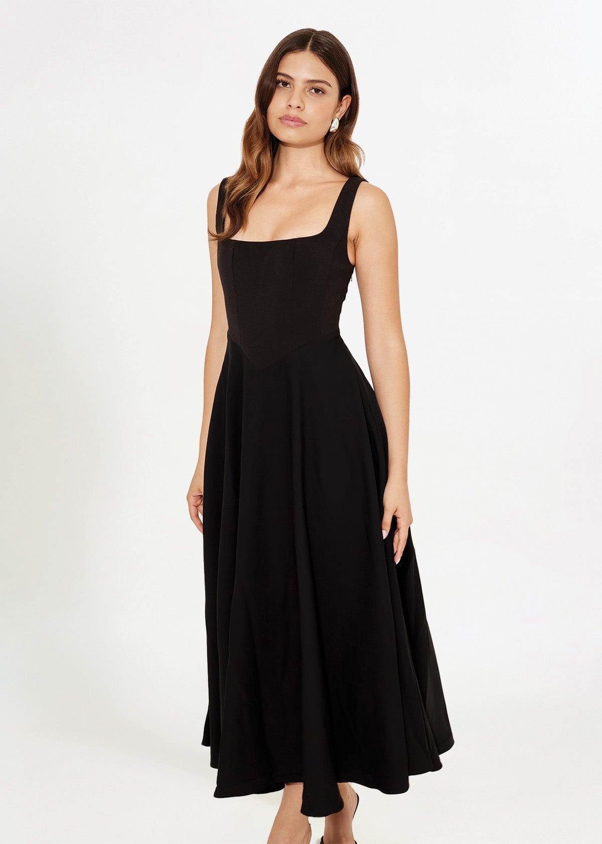 Ultimate Muse High Waist Square Neck Midi Dress in Black photo 2