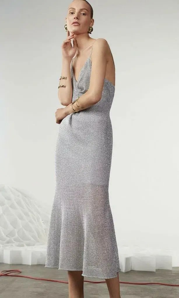 Sass & Bide Liquid Metal Knit Midi Dress Silver Size 8 photo 3