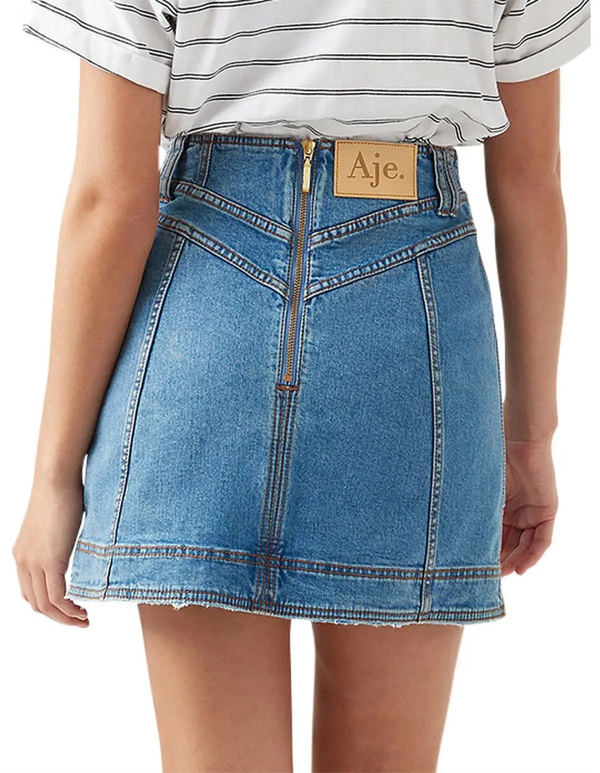 Aje Belmond Mini Skirt in Denim Blue Size 8 and Logo Tee White Print Size 6 Set photo 6
