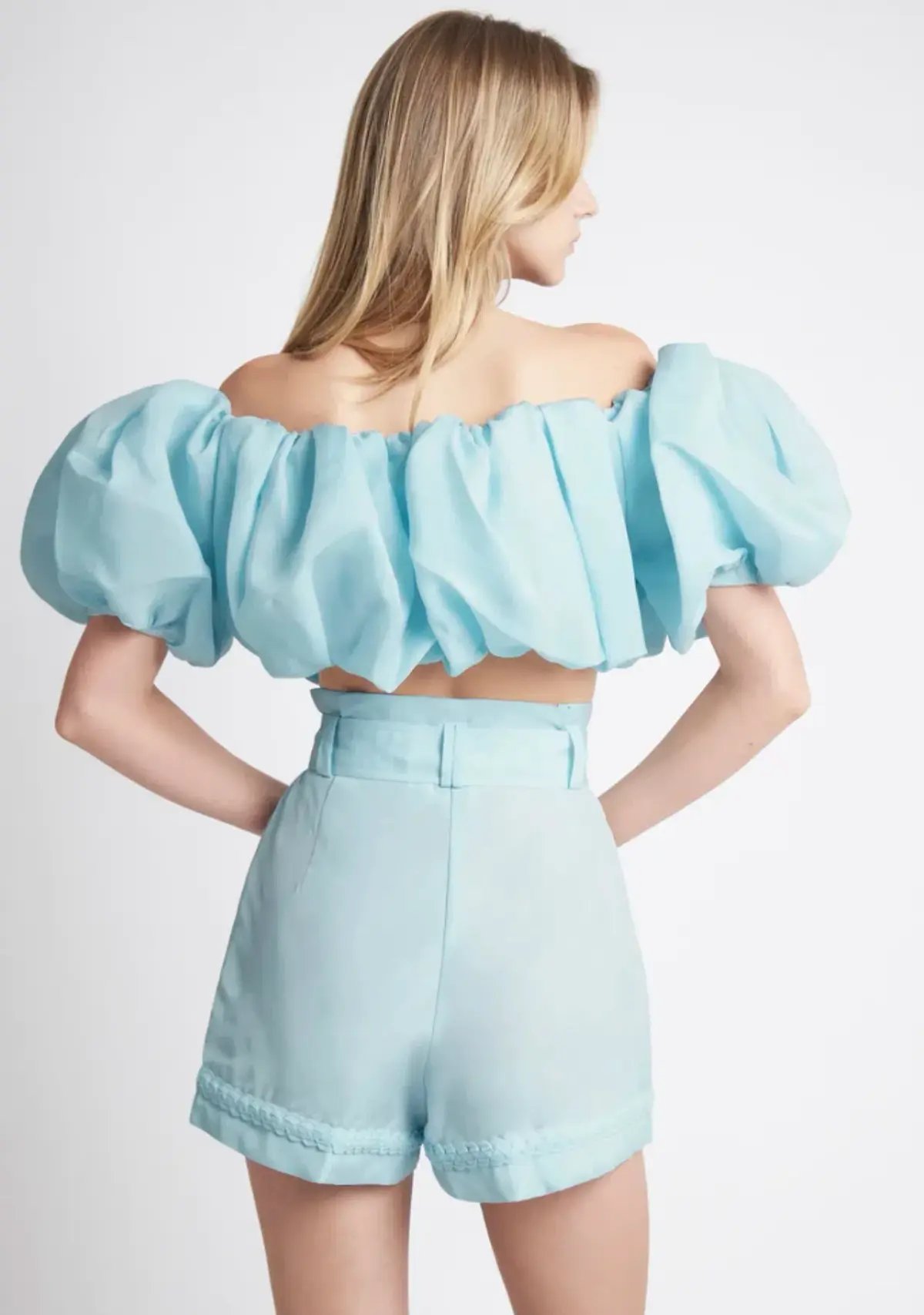Aje Riviera Off Shoulder Tube Silk Top Size 6 and Braided Silk Short Size 10 Set Ice Blue photo 3