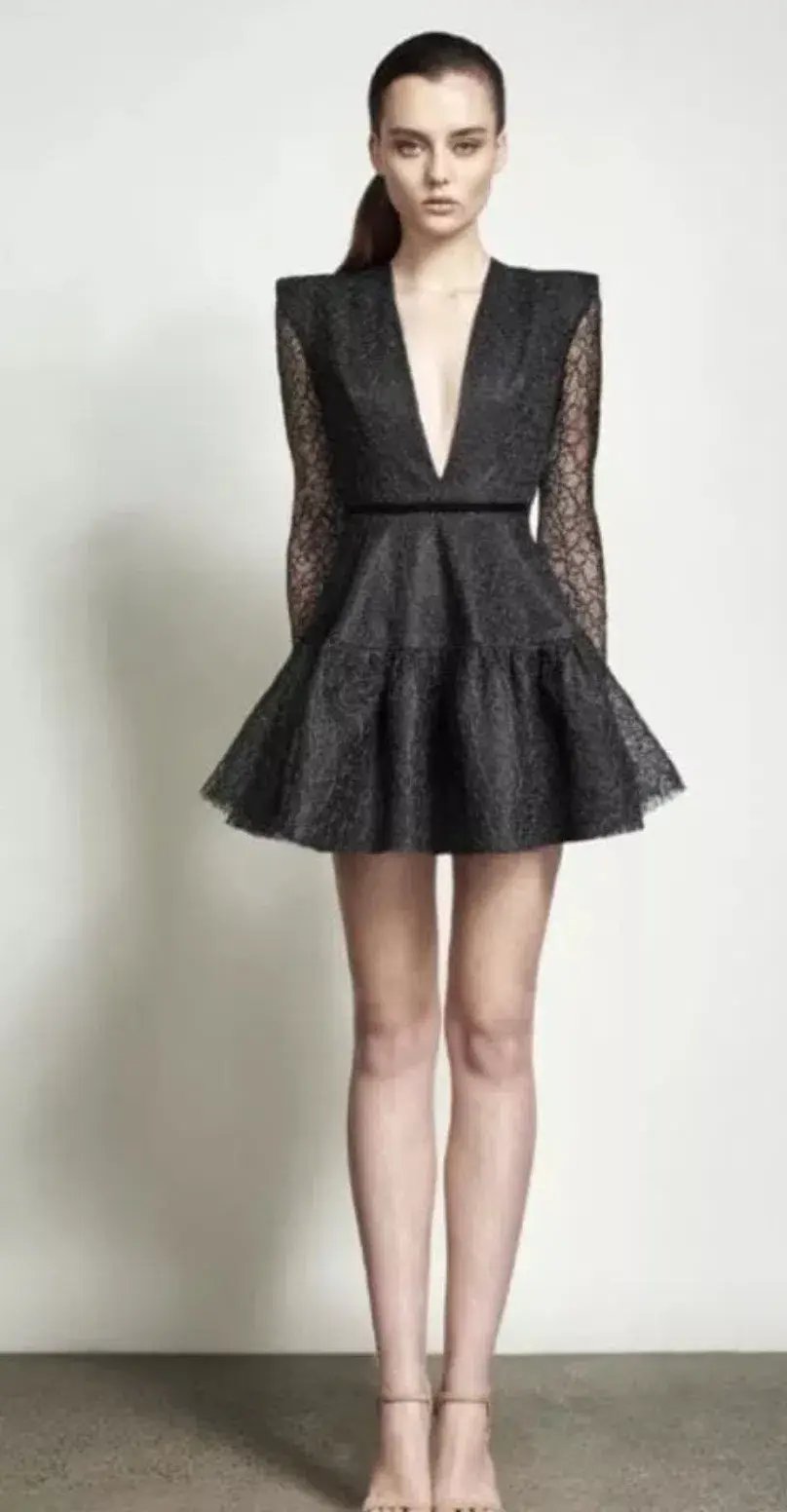 Alex Perry Diana Black Tulle Long Sleeve Mini Dress in Black Tulle Size AU 4 photo 2