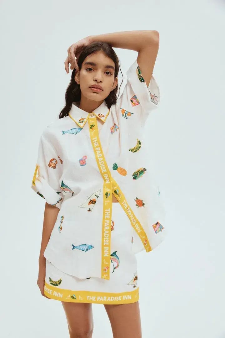 Alemais Blue Marlin Embroidered Shirt and Skirt Set in Cream Size 8 photo 2
