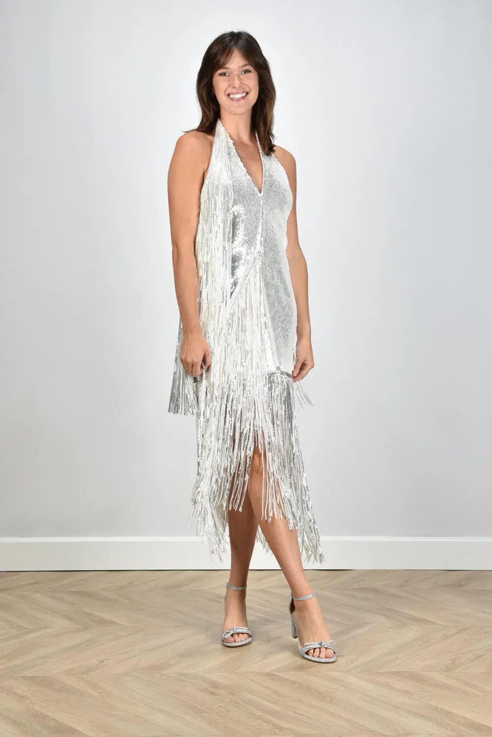 Rotate Sequins Mini Fringe Dress Silver Size 8 photo 2