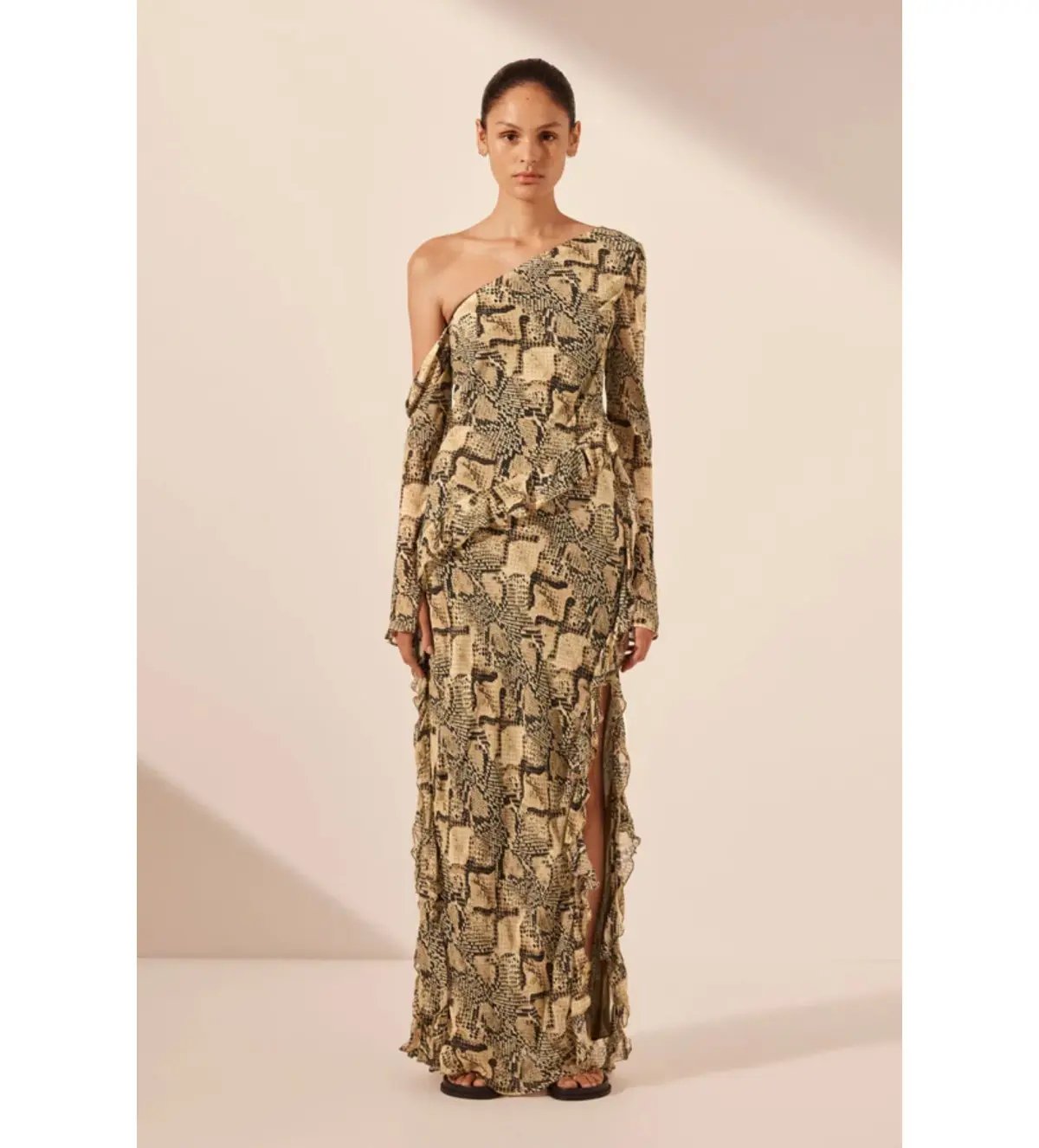 Shona Joy Hadiya Asymmetrical Long Sleeve Ruffle Maxi Dress in Hadiya Snake Print Size AU 8 photo 6