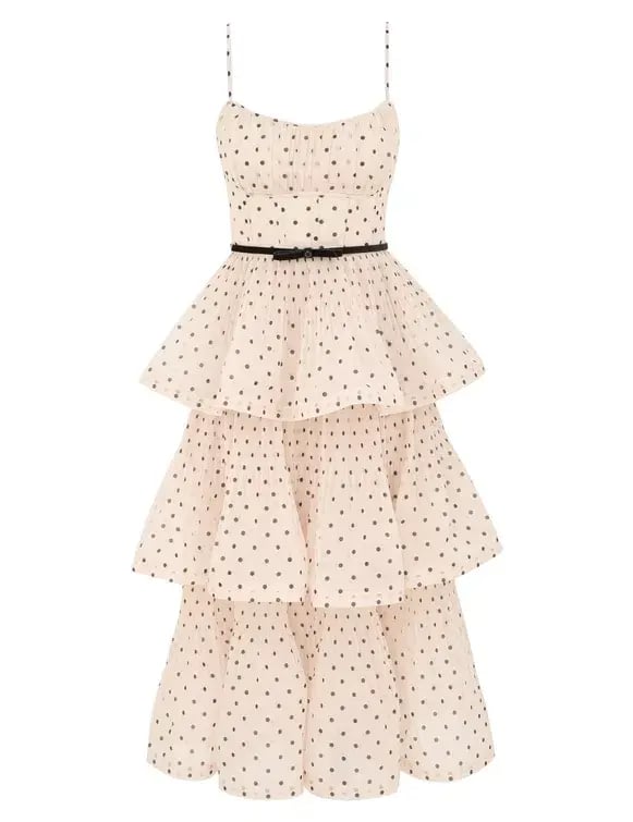 Zimmermann The Pleated Tiered Midi Dress in Cream/Black Polka Dot Size 8 photo 4