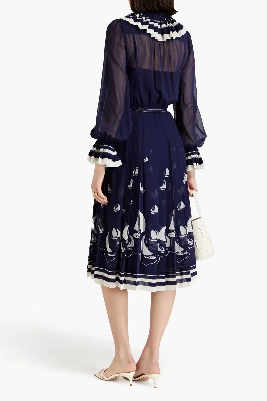 Zimmermann Pleated Tie Neck Midi Dress Moonlight Sailboats Size 0P / AU 6 photo 2