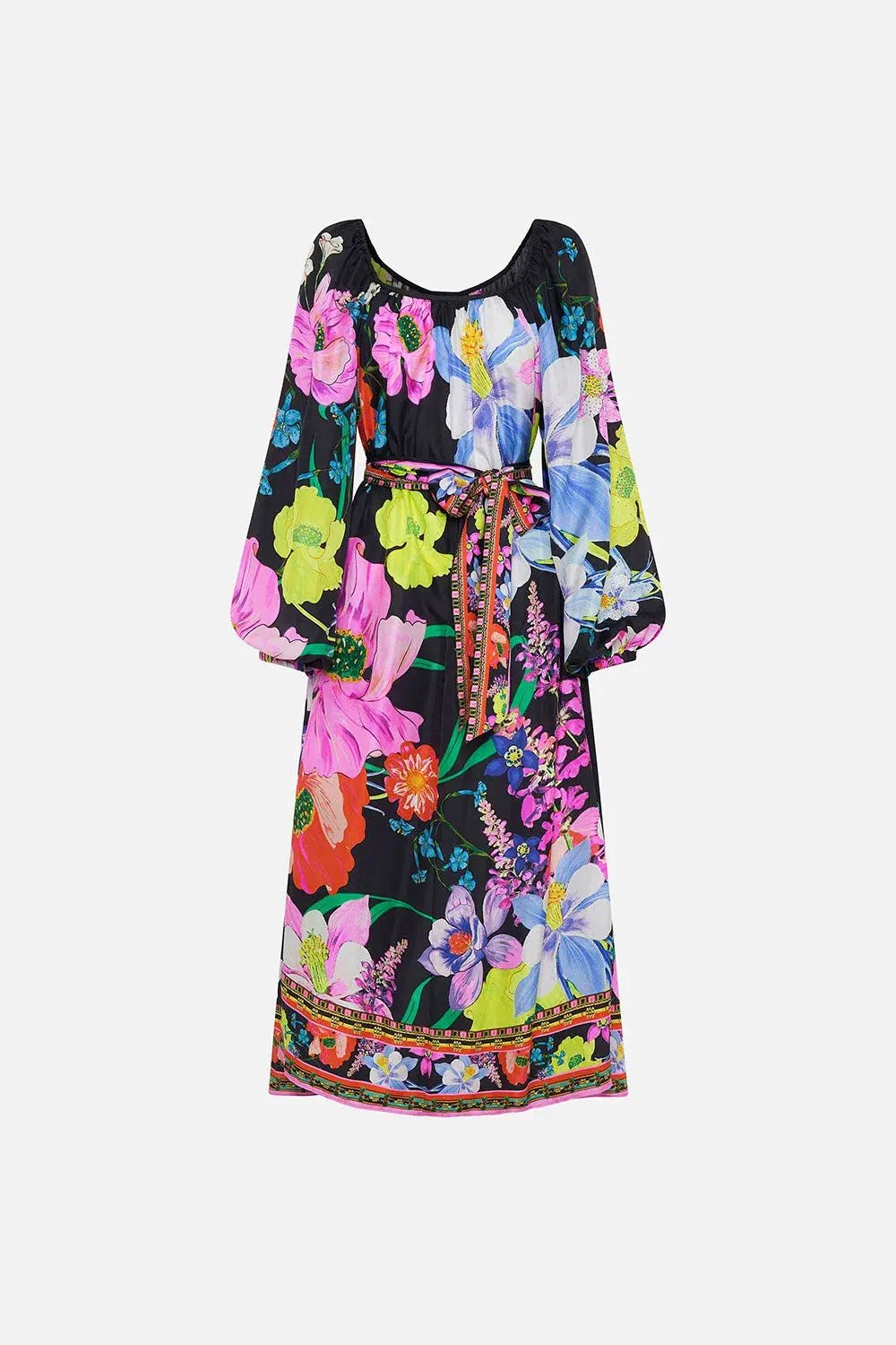 Camilla Gathered Flared Dress Black Floral Size 14 photo 3