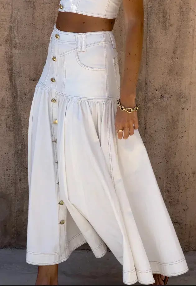 Aje Elena Denim Cropped Bustier Size 8 and Belmond Denim Midi Skirt Size 6 Set in Ivory photo 3