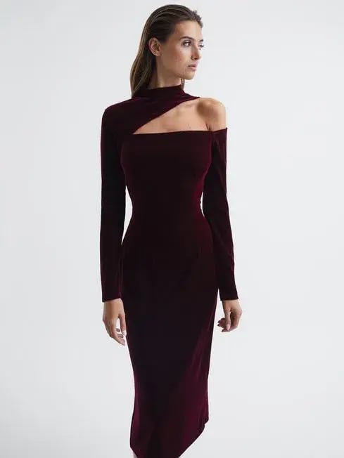 Reiss Tatiana Velvet Cut-out Shoulder Dress Black Size AU 6 photo 2