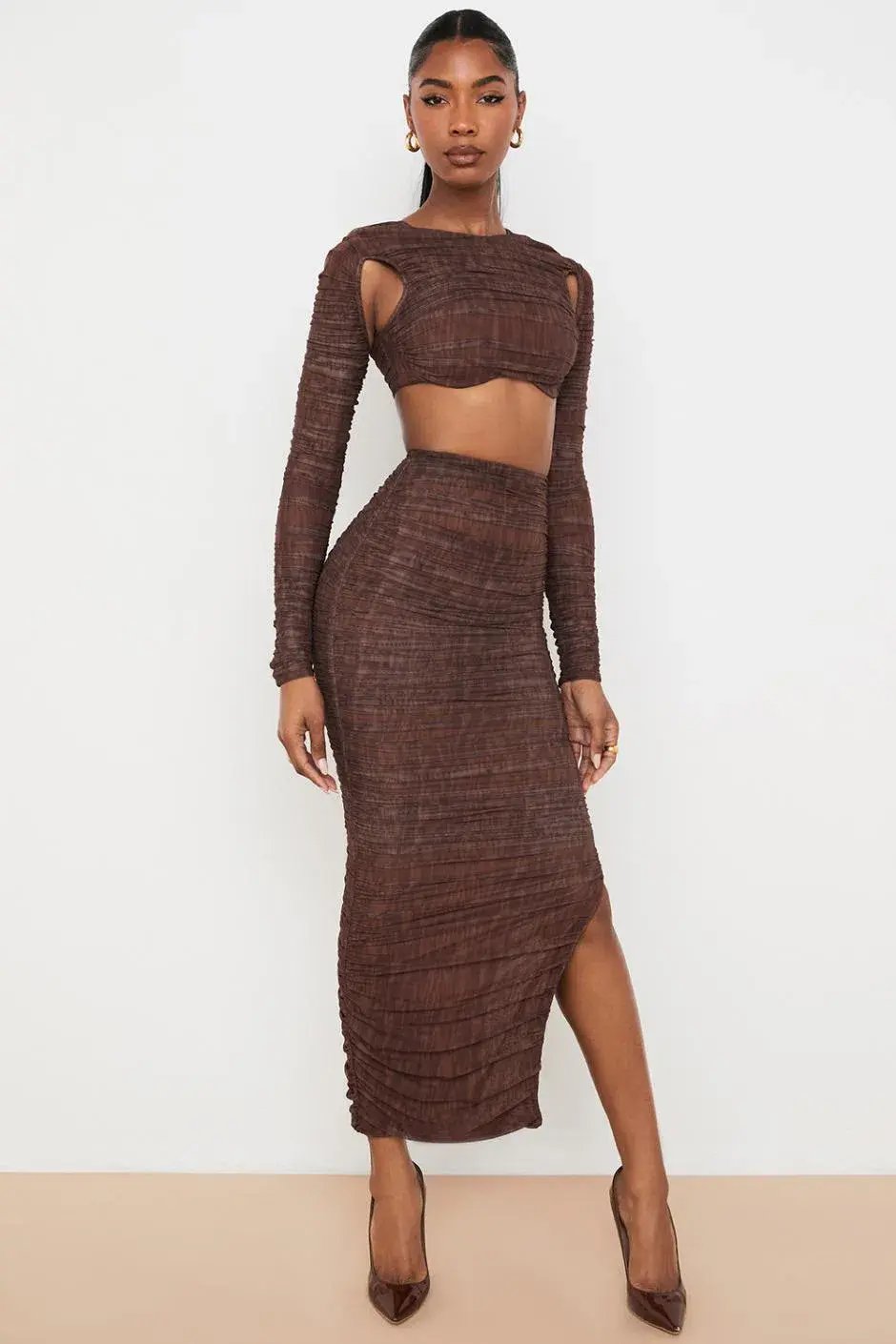 House of CB Blythe Chocolate Print Ruched Mesh Cut Out Cropped Top & Laverne Chocolate Print Ruched Maxi Skirt Brown Size 6 photo 4