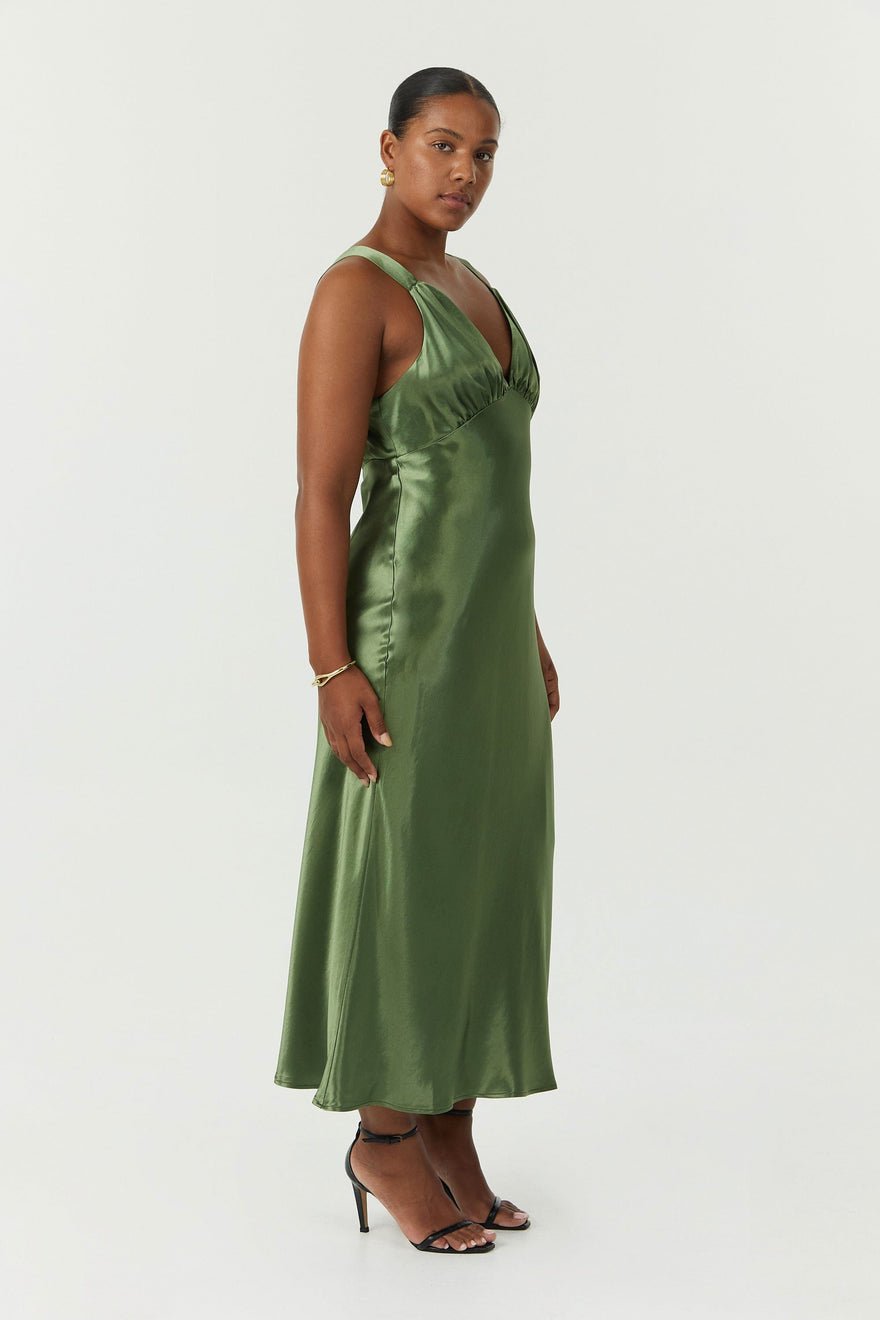 Third Form Satin Gather Bra Bias Slip Dress - Olive photo 3
