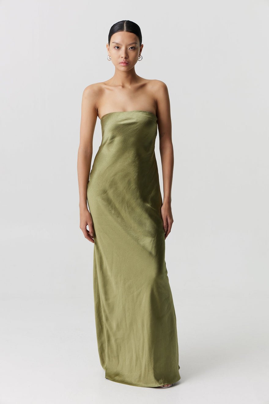 Third Form Satin Tie Back Strapless Maxi Dress - Olive photo 3