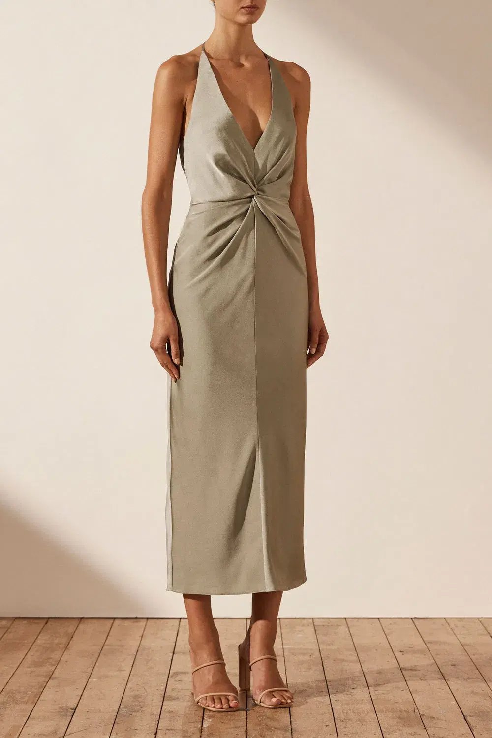 Shona Joy Luxe Twist Front Halter Midi Dress Eucalyptus Size AU 6 photo 2