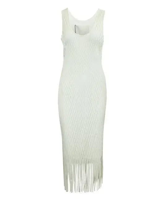 Off-White Long Laser-Cut Dress with Fringes photo 2