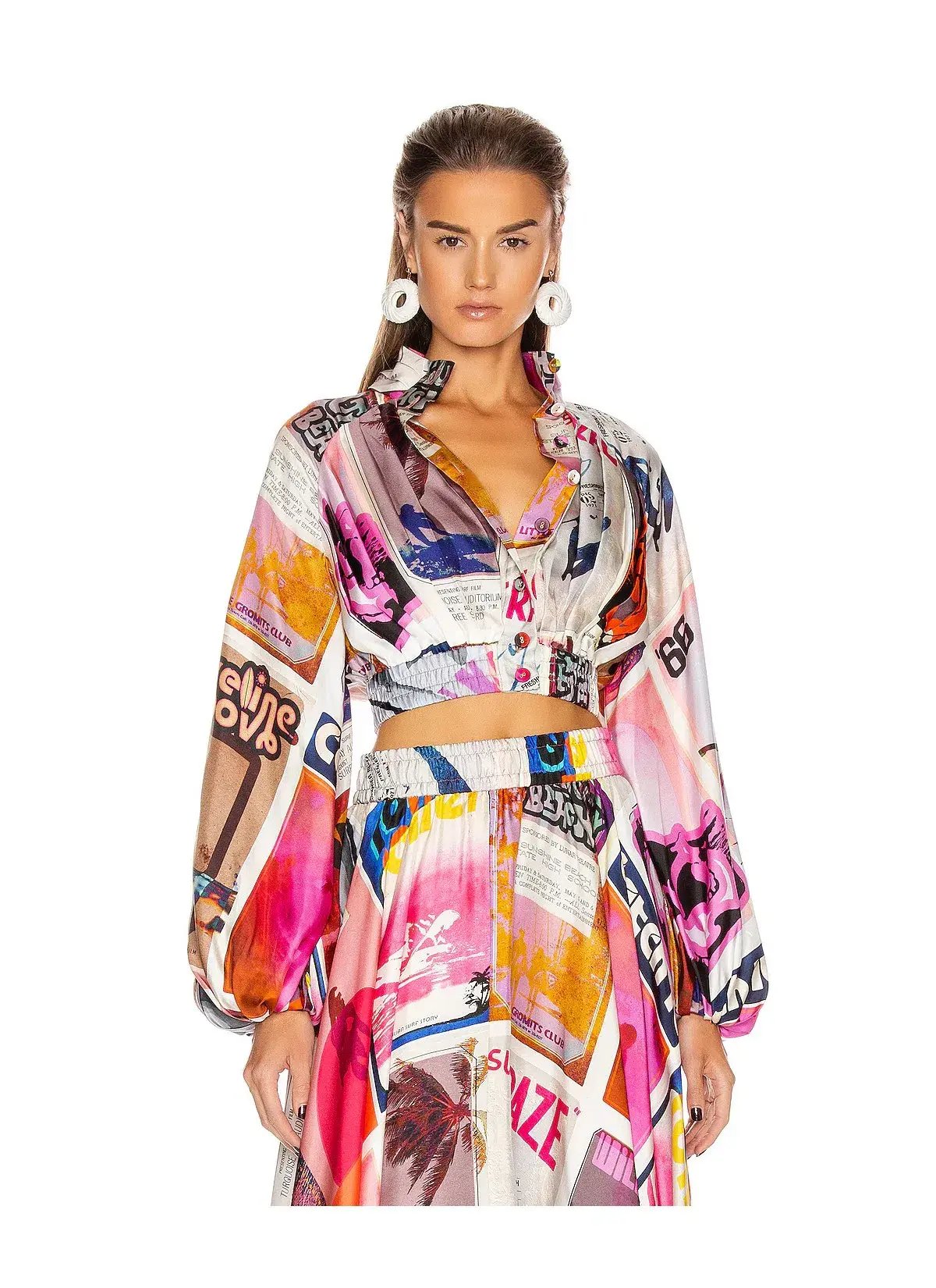 Zimmermann Wavelength High Collar Blouse in Pink Poster Print Size 1 /AU 10 photo 3
