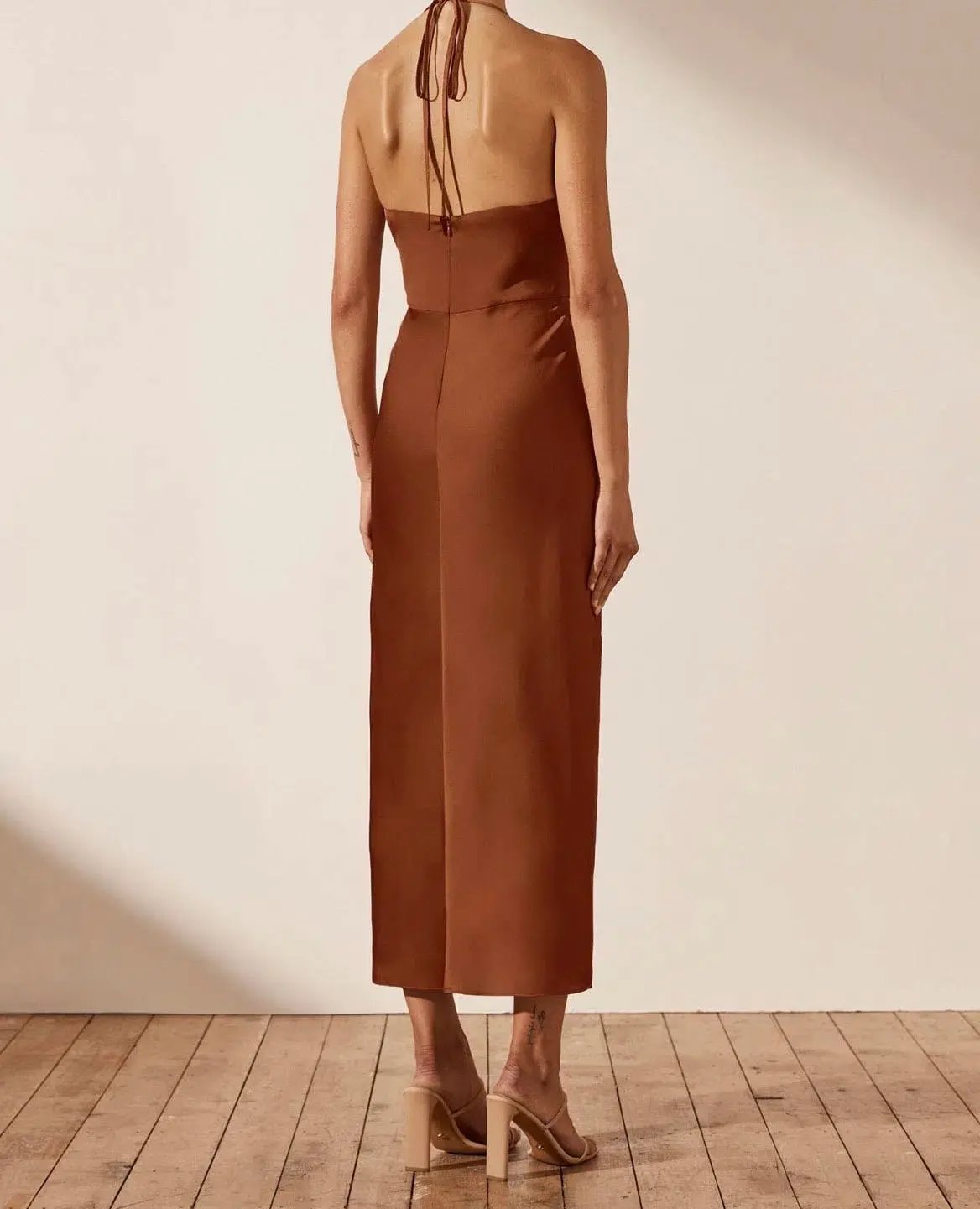 Shona Joy Luxe Twist Front Halter Midi Dress Brown Size AU 8 photo 3