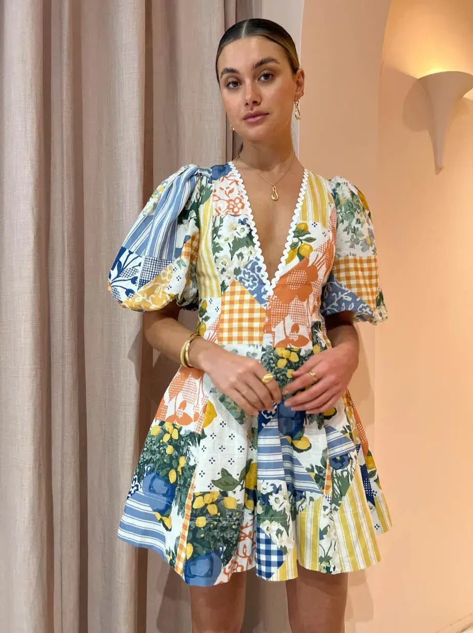 By Nicola Wavy Mini Dress Lemon Patchwork Size 6 photo 2