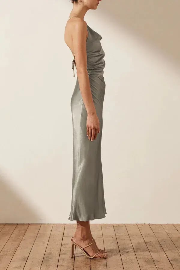 Shona Joy La Lune Asymmetrical Bias Cowl Midi Dress Sage Size 8 photo 3