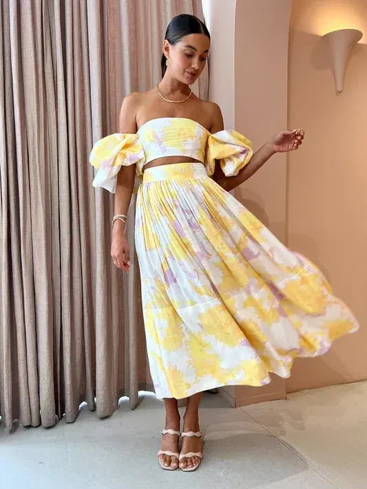 Leo Lin Simone Puff Top and Elina Pleated Midi Skirt Set Print Size 8 photo 2