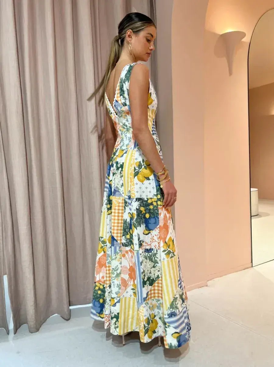 By Nicola Wavy Maxi Dress in Lemon Patchwork Multi-Colored Size AU 10 photo 3
