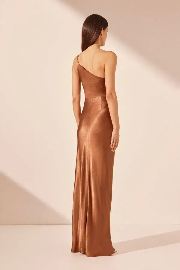 Shona Joy La Lune Asymmetrical Gathered Maxi Dress Almond Size 10 photo 2