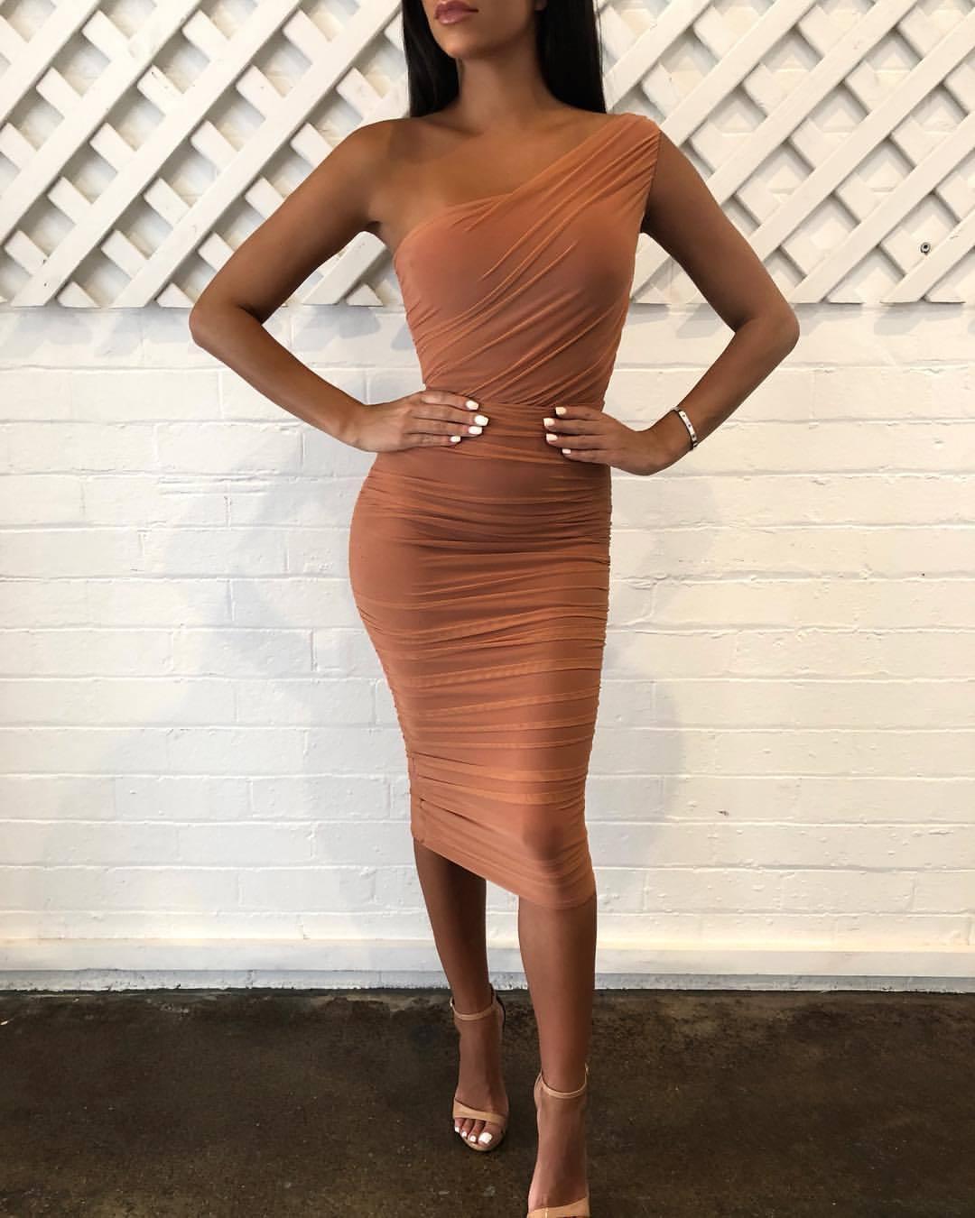 Nookie Inspire One Shoulder Midi Dress Tan Size XS photo 3